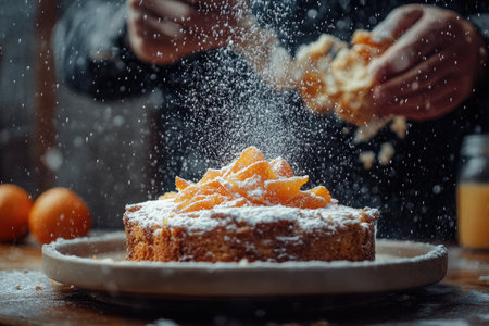 Close up of a delicious orange cake decorated with candied orange zest being sprinkled with icing sugar by a pastry chefの素材