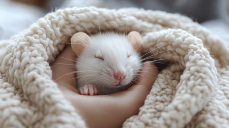 Adorable white rat sleeping in a cozy blanket, enjoying a peaceful moment of rest and warmthの素材