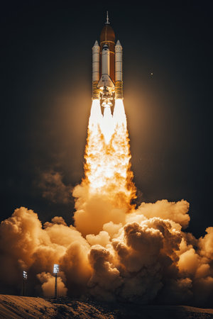 Powerful rocket launching into space at night, creating a stunning spectacle of smoke and fireの素材