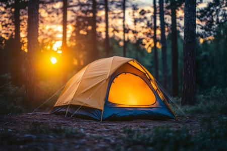 Glowing tent nestled among trees in a forest campsite during a vibrant sunset, creating a cozy and adventurous atmosphereの素材
