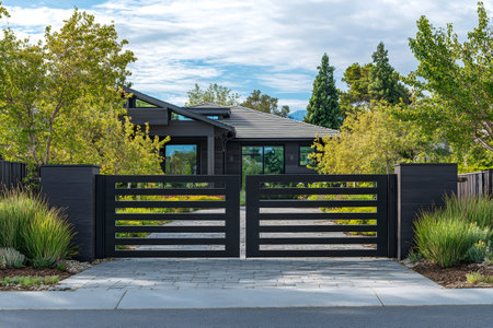 Black gate protecting access to a modern house with beautiful garden and blue sky on backgroundの素材