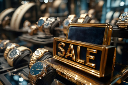 Golden sale sign displayed among various luxury wristwatches, highlighting a special offer in a high-end retail environmentの素材