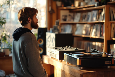 Young man enjoying music on turntable in his apartment with large collection of vinyl recordsの素材