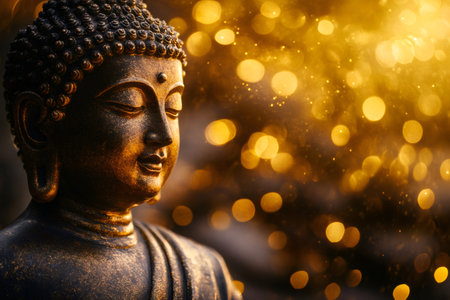 Serene buddha statue against a backdrop of golden bokeh, creating a peaceful and spiritual atmosphereの素材