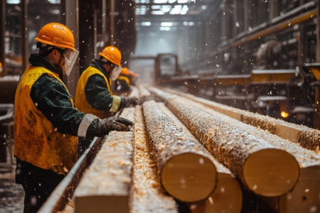 Carpenters working on a production line processing timber logs in a sawmill, ensuring quality and efficiency in lumber productionの素材