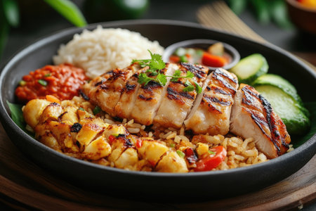 Delicious grilled chicken breast served with flavorful rice, roasted potatoes, fresh cucumber slices, and spicy sambal, creating a vibrant culinary experienceの素材
