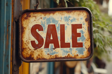 Rusty metal sign hanging outside a store, showing the word sale in redの素材