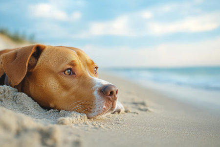 Brown dog lying on the sand of a beach during a sunny day, looking at the seaの素材