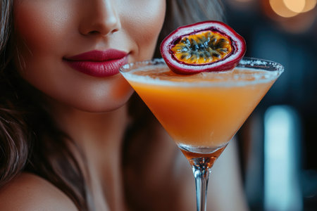 Close up of a woman holding a passion fruit cocktail, ready to enjoy a refreshing drinkの素材