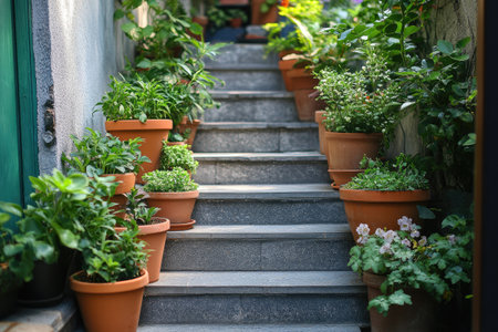Terracotta pots of various sizes with plants and flowers are placed on the steps of a stone staircase, creating a cozy and green atmosphereの素材