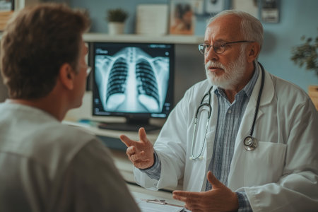 Senior doctor explaining chest x ray results to patient in medical officeの素材