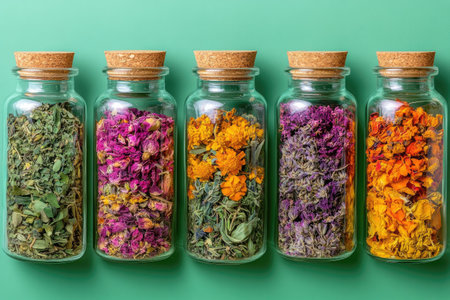 Five glass jars with cork lids containing a variety of dried flowers and herbs, arranged on a green background, ready for herbal tea infusionの素材