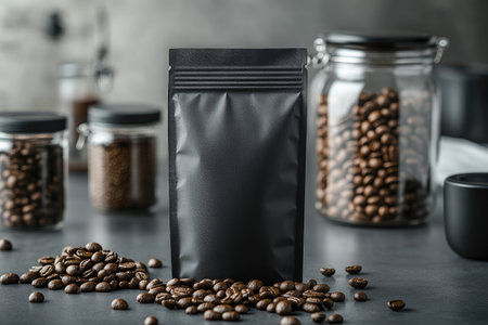 Black coffee bag with scattered beans in a stylish kitchen settingの素材