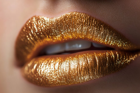 Close up of lips adorned with shimmering gold metallic lipstickの素材