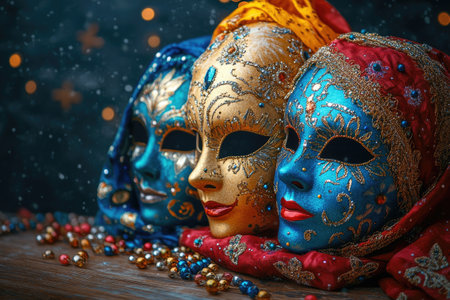 Close up of colorful Venetian masks with detailed designs and embellishmentsの素材