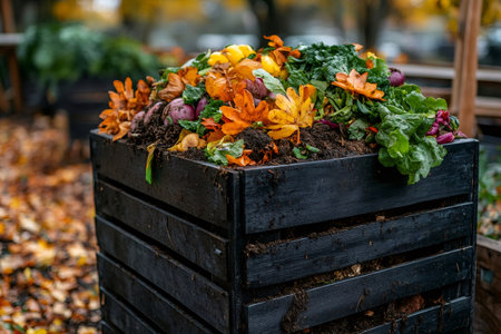 Colorful leaves and vegetables decomposing in a wooden compost binの素材