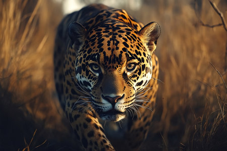 Intense gaze of a jaguar prowling in tall grass at sunsetの素材