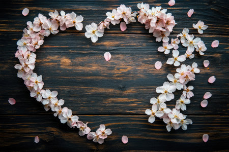 Cherry blossoms arranged in a heart shape on wooden backgroundの素材