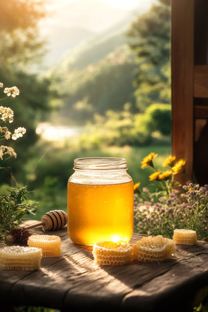 Fresh honey jar and combs basking in warm sunlight outdoorsの素材
