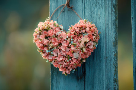 Heart shaped flower wreath decorates a weathered wooden surfaceの素材