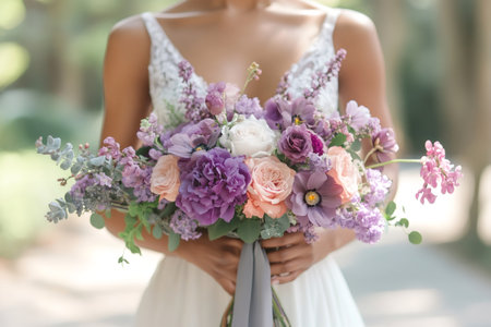 Bride holding a colorful bouquet with purple and peach flowersの素材