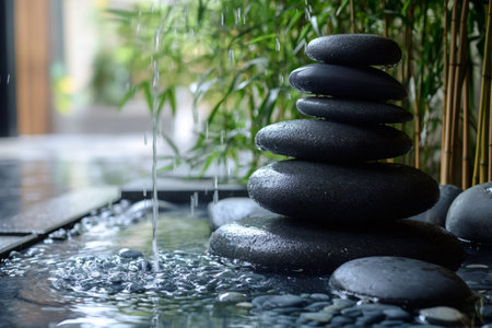 Smooth stones stacked by a serene water feature with bamboo in the backgroundの素材