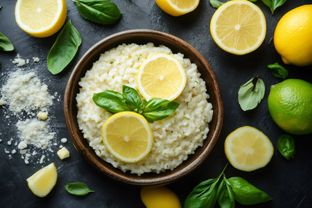 Delicious risotto with lemon slices and basil leaves on a dark surfaceの素材