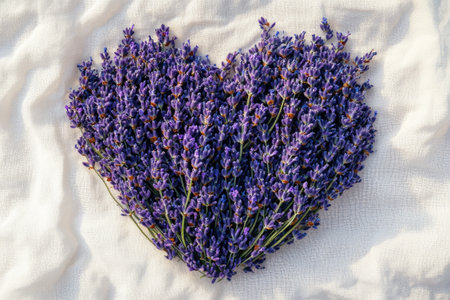 Lavender flowers form a heart shape on soft white fabricの素材