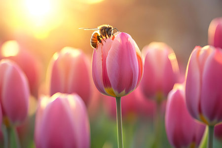 Close up of a honey bee pollinating a vibrant pink tulip flower in a field of tulips at sunset, creating a beautiful and serene spring sceneの素材