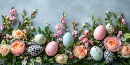 Colorful easter eggs and fresh spring flowers arranged on a light blue background creating a beautiful holiday borderの素材