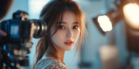 Asian woman is posing for a professional camera in a studio with soft lighting, creating a glamorous and elegant atmosphereの素材