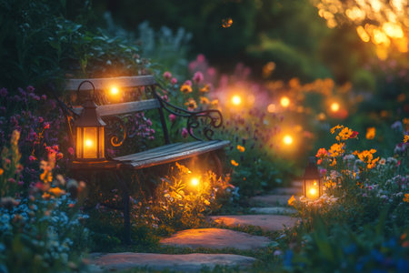 Tranquil garden scene at sunset with illuminated pathway, glowing lanterns, and inviting bench amidst colorful flowersの素材
