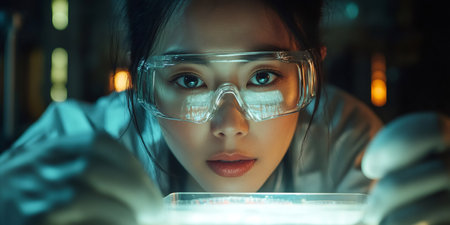 Female scientist wearing protective glasses and gloves, performing experiment in laboratory at nightの素材