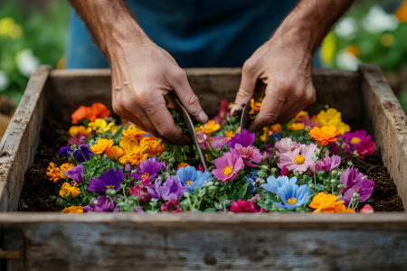Gardener arranging colorful flowers in a wooden crate, adding beauty and vibrancy to a gardenの素材