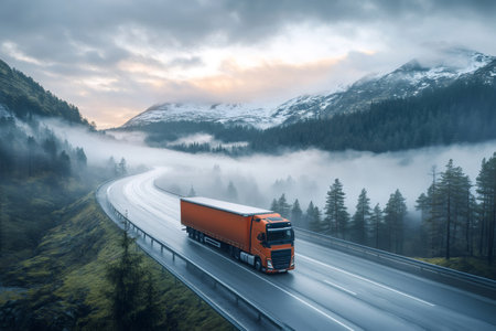 Orange semi truck transporting goods driving on a winding asphalt road in a foggy winter mountain landscapeの素材