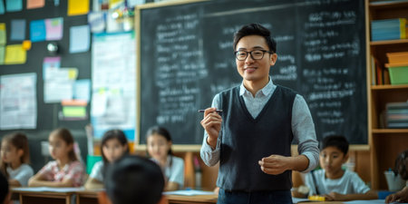 Asian teacher holding a pen and giving a lesson to students in elementary school classroomの素材