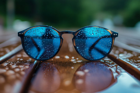 Stylish blue sunglasses covered with glistening rain drops sit on a wet wooden surface, reflecting the serene atmosphere of a rainy dayの素材