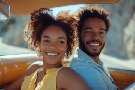Young couple smiling and enjoying a summer road trip in a classic convertible carの素材