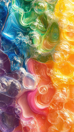 Rainbow colors swirling together with bubbles creating an abstract psychedelic backgroundの素材