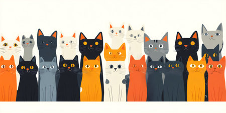 Group of colorful cats sitting and staring, in a white backgroundの素材