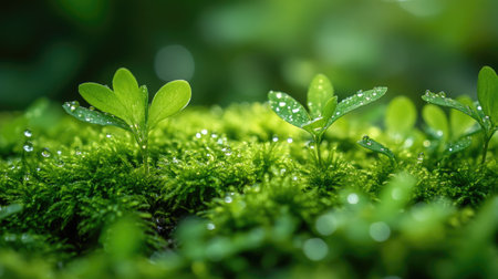 Vibrant green sprouts emerging from lush moss, symbolizing new life and growthの素材