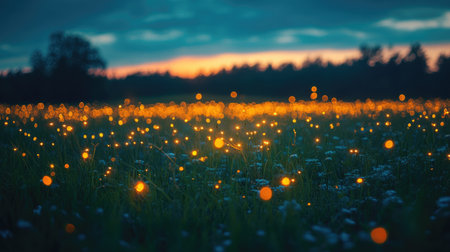 Fireflies creating a magical atmosphere in a field at twilight, with beautiful bokeh and a warm sunset glowの素材