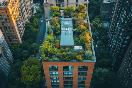 Lush rooftop garden provides ecological benefits and improves air quality in a bustling urban environmentの素材