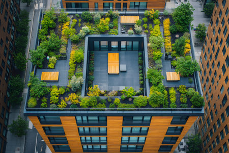 Aerial view of a rooftop garden providing ecological benefits and enhancing the urban environmentの素材