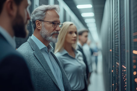 It engineers monitoring server rack in data center, technicians working on cyber security and cloud computingの素材