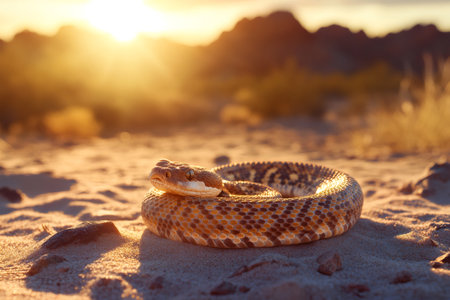 Rattlesnake basking in the warm desert sunriseの素材