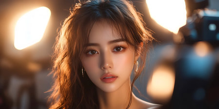 Young woman posing during a photoshoot with professional lighting equipment, showcasing perfect makeup and hairstyleの素材