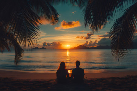 Tourists relaxing on a beautiful beach watching a breathtaking sunset under palm treesの素材