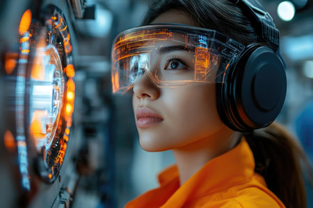 Female industrial worker using futuristic ar goggles and headset inspecting machinery in a modern factory settingの素材