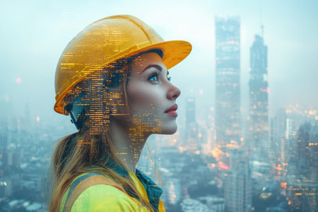 Double exposure of female engineer looking at illuminated city skylineの素材